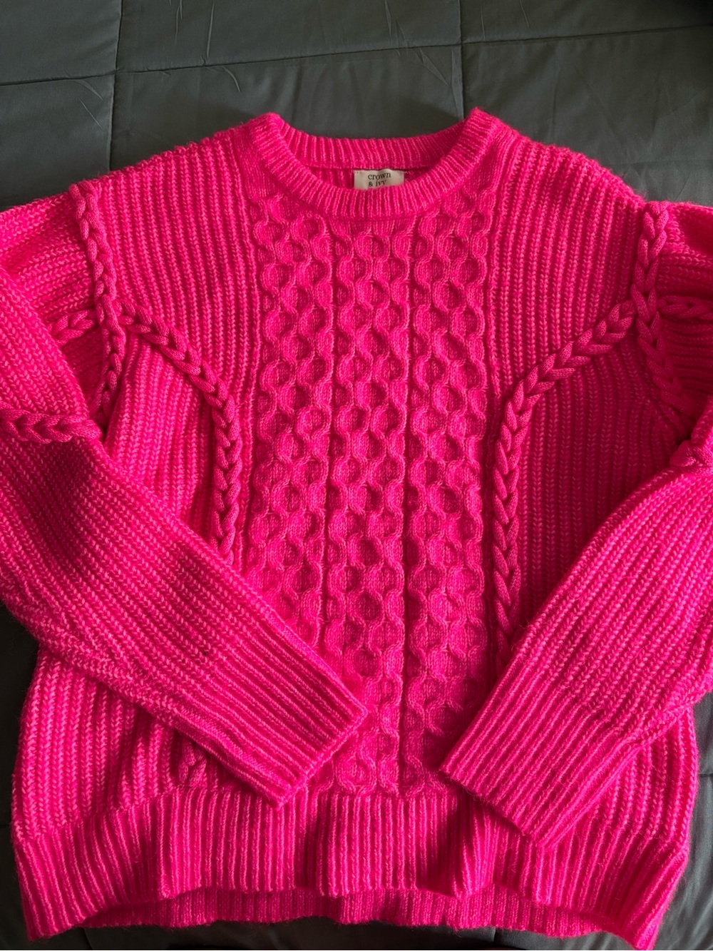 crown & ivy Bright Hot Pink Cable-Knit Crewneck Sweater